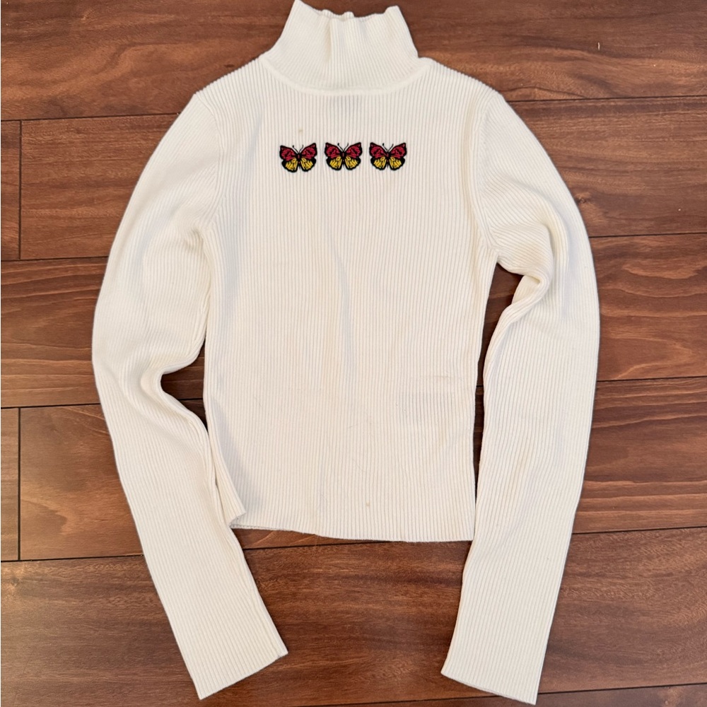 Forever 21 White Ribbed Turtleneck with Butterfly Embroidery